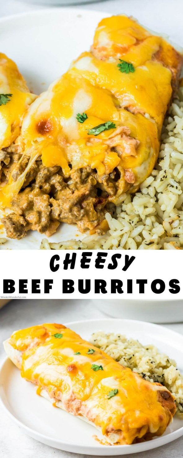 baked beef burritos pinnable image with title text
