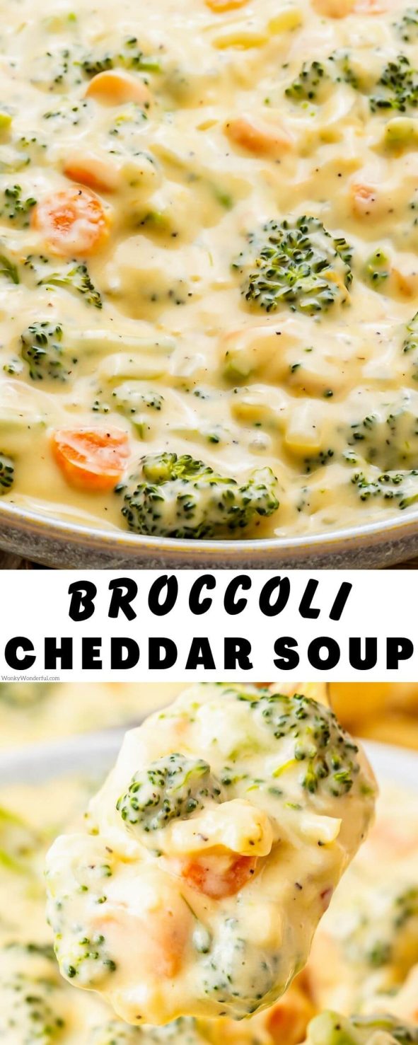 This thick, creamy BROCCOLI CHEDDAR SOUP is a filling dinner made in 30 minutes. Broccoli and cheese come together to make this comfort food meal. broccoli cheddar soup pinnable image with title text
