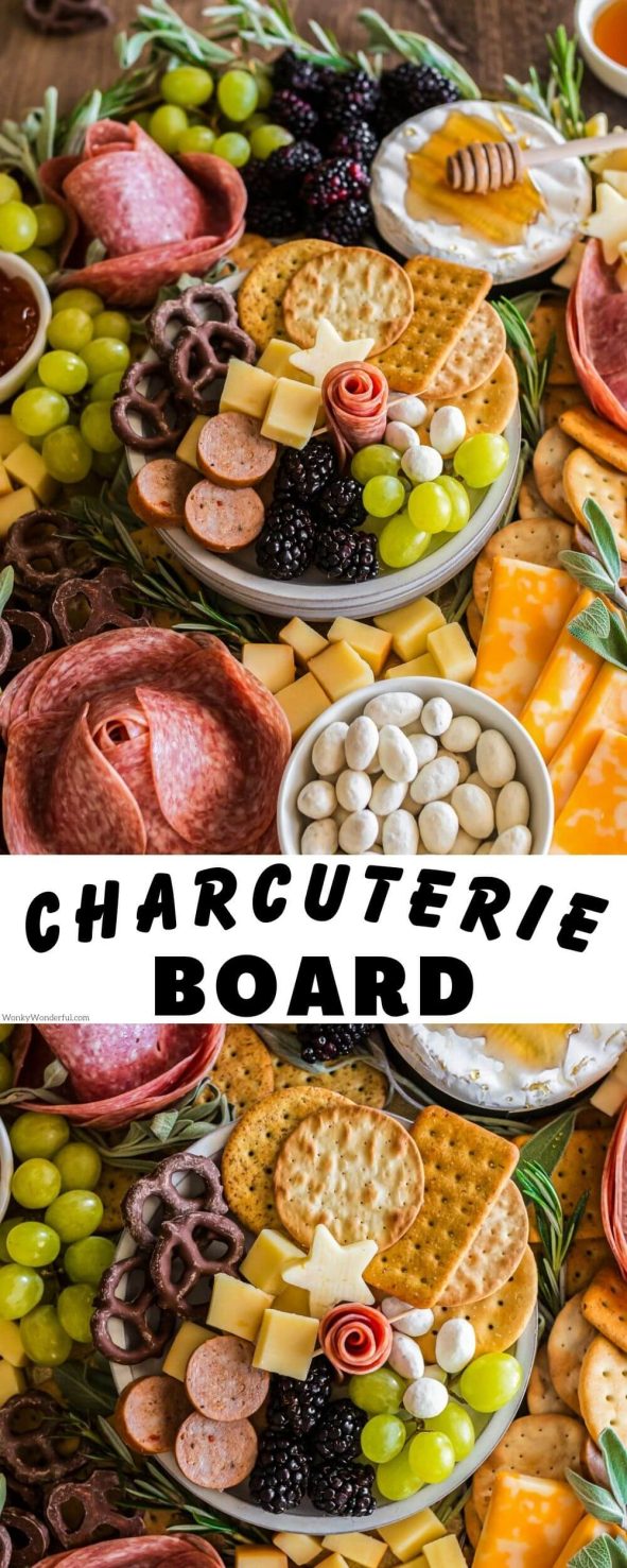 This EASY CHARCUTERIE BOARD is perfect for the holidays or any party. A simple assortment of meats, cheeses, fruits, crackers and sweets with salami roses to make this platter a show-stopper! charcuterie board pinnable image with title text