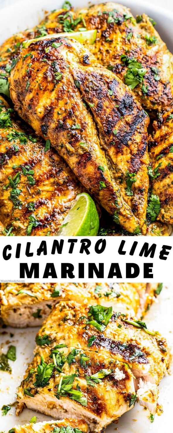 Bright and fresh flavors shine in this CILANTRO LIME CHICKEN MARINADE. A simple blend of cilantro, lime and spices will take your chicken from boring to unbelievably delicious. cilantro lime chicken marinade pinnable image with title text
