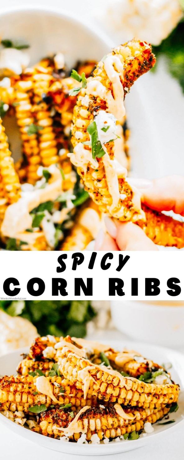 This CORN RIBS RECIPE is a fun new way to enjoy fresh corn on the cob. Corn cobs cut into quarters, seasoned then roasted or grilled. corn ribs pinnable image with title text