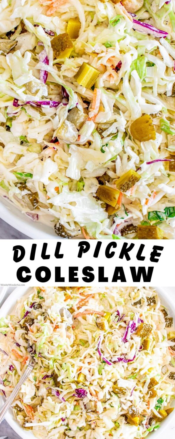 dill pickle coleslaw pinnable image with title text
