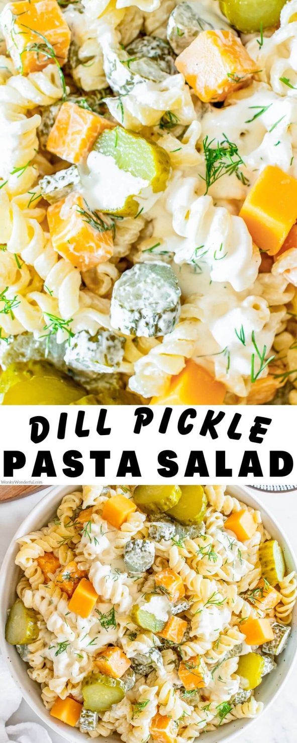 dill pickle pasta salad pinnable image with title text