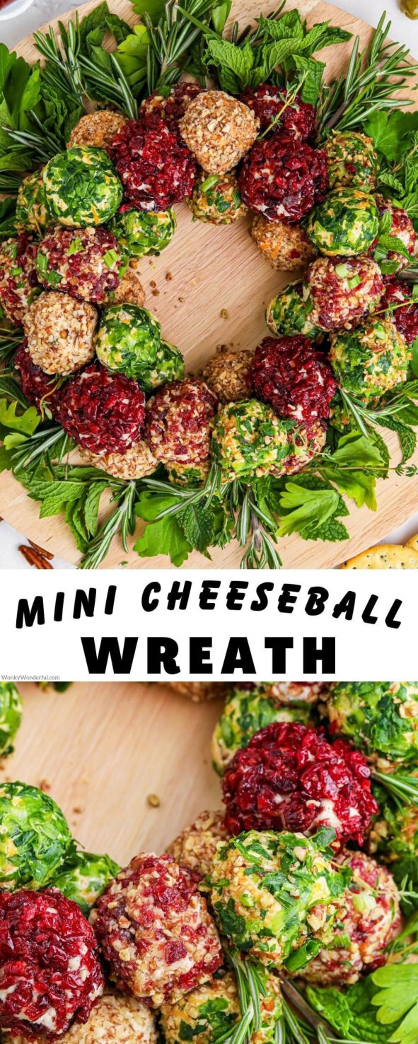 This MINI CHEESEBALLS WREATH is a fun holiday appetizer and great for individual servings. Mini cream cheese cheeseballs rolled in different toppings then arranged to look like a Christmas wreath. mini cheeseball wreath pinnable image with title text