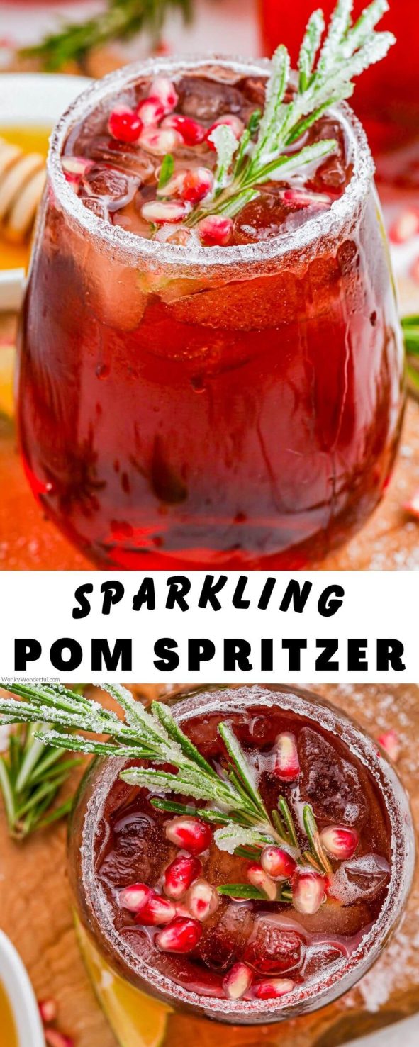 This SPARKLING WINE POMEGRANATE COCKTAIL is perfect for the holiday parties and feast. A fizzy, refreshing drink made with champagne or Prosecco, pomegranate juice and honey. sparkling wine pomegranate cocktail pinnable image with title text