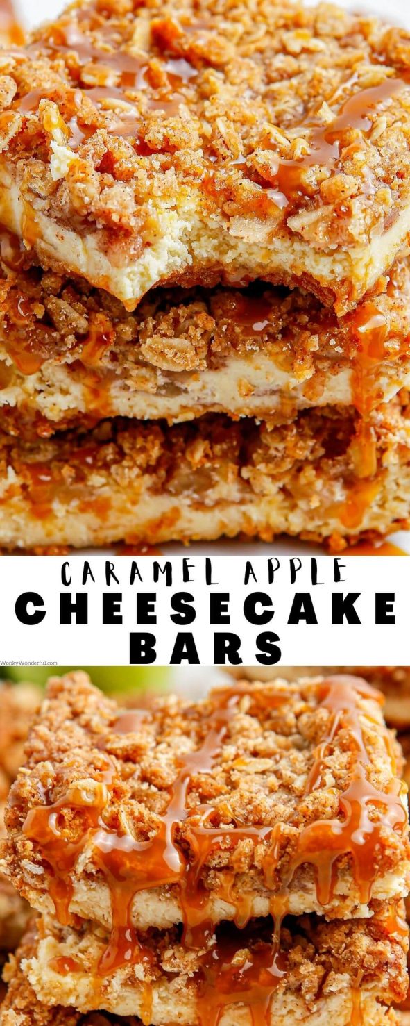 These CARAMEL APPLE CHEESECAKE BARS are an easy dessert for holidays and parties. Oreo crust filled with cheesecake, sugared apples, crumble topping and drizzled with caramel. caramel apple cheesecake bars pinnable image with title text