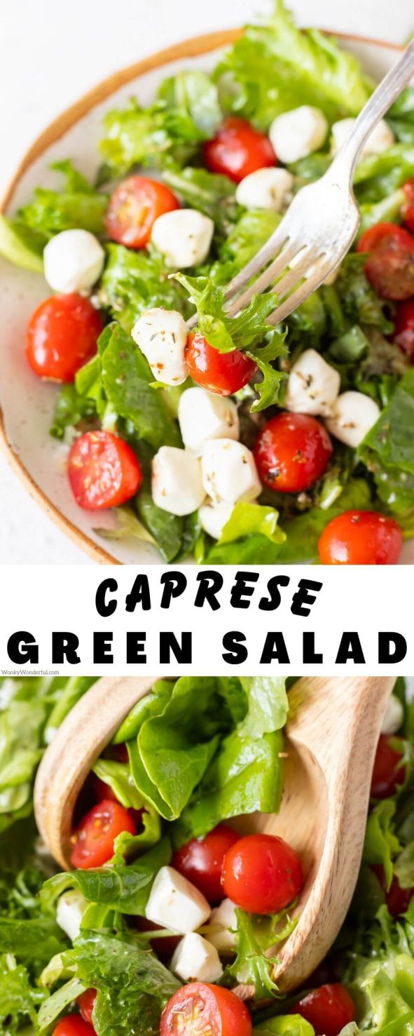 tomato basil & mozzarella sald pinnable image with title text