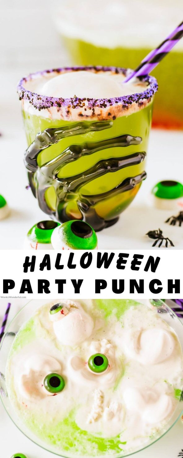 This HALLOWEEN PUNCH is a fun and festive drink the kids will love. The green witches brew punch is made with juice, 7Up and ice cream. halloween punch pinnable image with title text