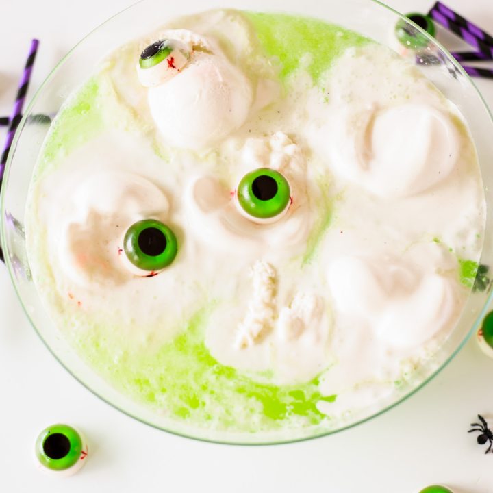 green punch with white ice cream and gummy eyeballs