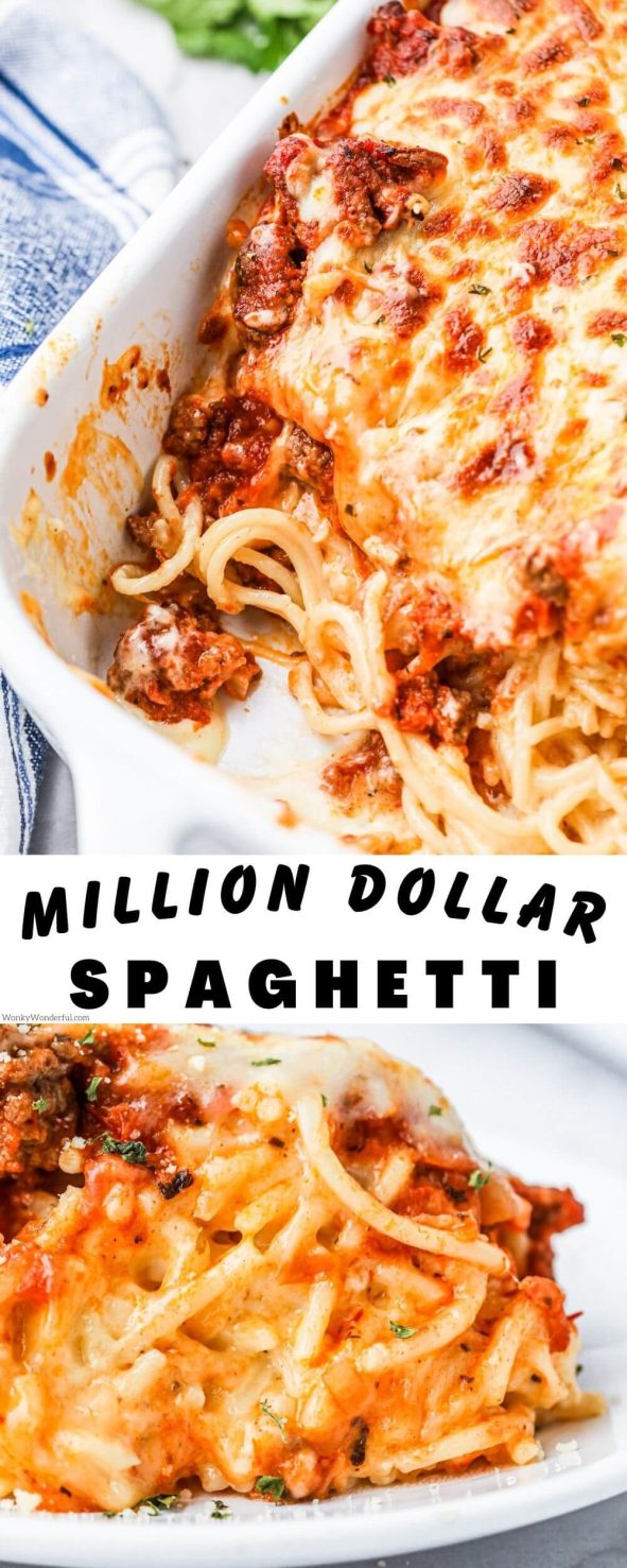 MILLION DOLLAR SPAGHETTI CASSEROLE is a spaghetti casserole with pasta, marinara, creamy sauce and cheese. This is a filling comfort food dinner that the family will love. million dollar spaghetti pinnable image with title text
