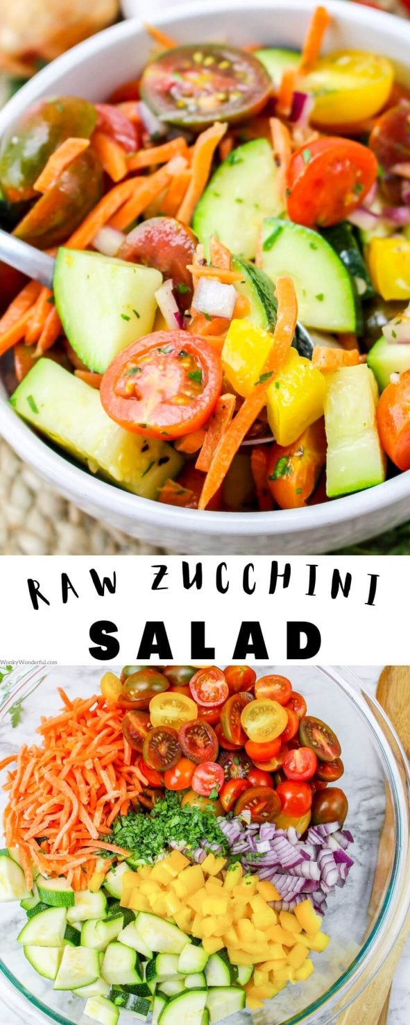 This Raw Zucchini Salad is a fresh Summer Salad full of veggies. Zucchini, tomatoes, carrots, bell pepper, parsley and onion tossed with a fresh thyme vinaigrette. raw zucchini salad pinnable image with title text