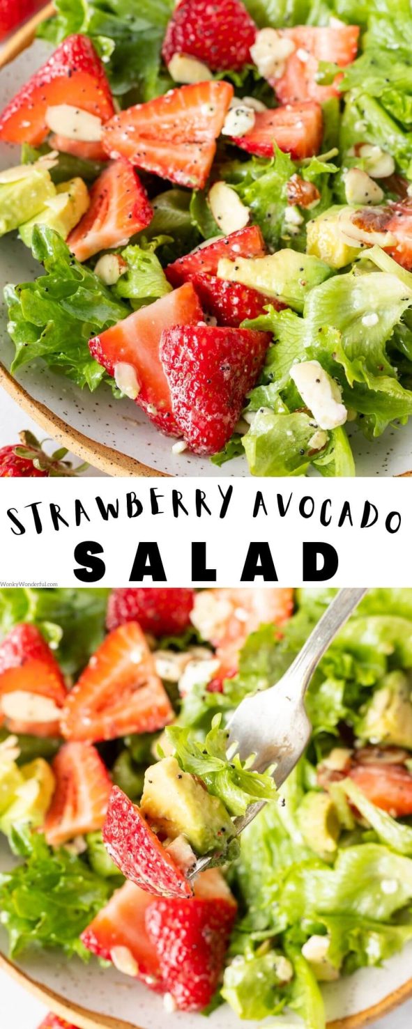 This AVOCADO STRAWBERRY SALAD is a simple, fresh and flavorful side salad that pairs well with most proteins. Fresh strawberries, avocado, greens, sliced almonds and cheese tossed in lemon poppyseed dressing. strawberry avocado salad pinnable image with title text
