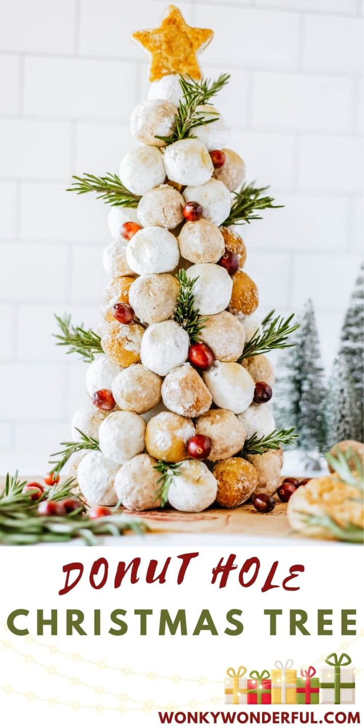 This DONUT TREE is a super fun, festive and cute Christmas party idea. Store or bakery bought donut holes, cranberries and rosemary arranged on a styrofoam cone to look like a tree for the most perfect edible Christmas centerpiece. donut tree pinnable image with title text