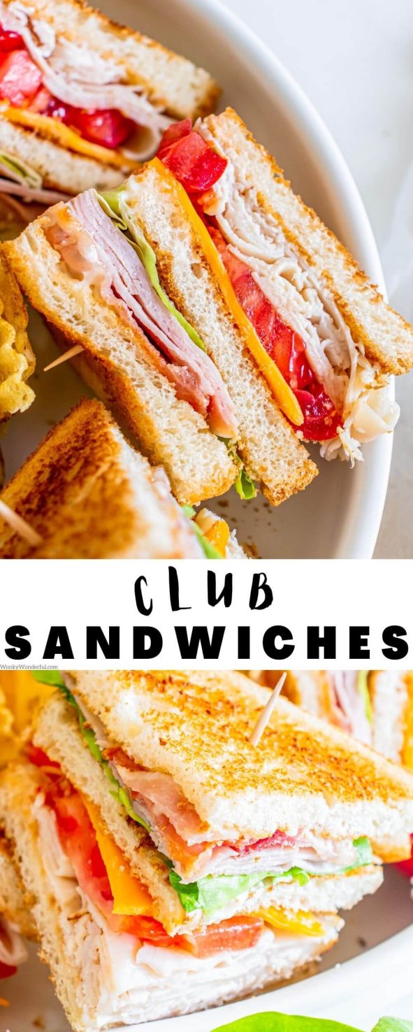 This classic CLUB SANDWICH RECIPE is so good you can skip the diner. Layers of mayo, turkey, ham, cheese, tomato, lettuce and bacon tucked into toasted bread. club sandwich pinnable image with title text
