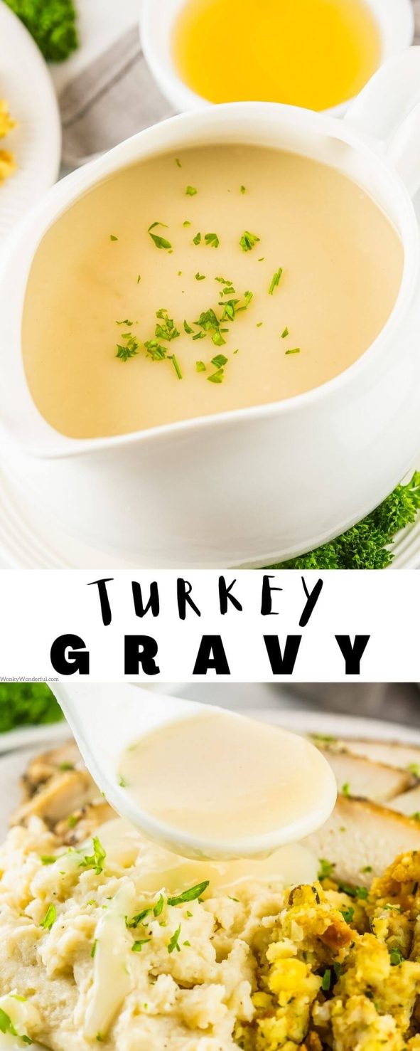 Just a few ingredients and about 10 minutes to make this TURKEY GRAVY RECIPE. Pour this gravy over turkey, mashed potatoes or stuffing for the ultimate holiday meal. turkey gravy pinnable image with title text