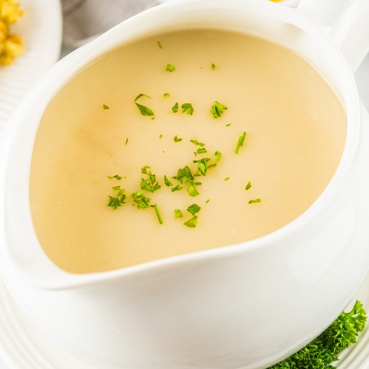 gravy in white serving dish