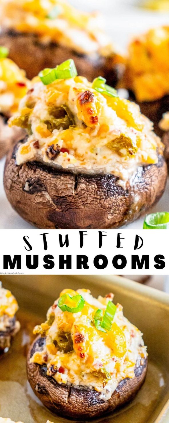 These JALAPENO POPPER STUFFED MUSHROOMS will be the hit of the party. Mushrooms stuffed with cream cheese, bacon, cheddar and jalapeño for the ultimate appetizer. jalapeno popper stuffed mushrooms pinnacle image
