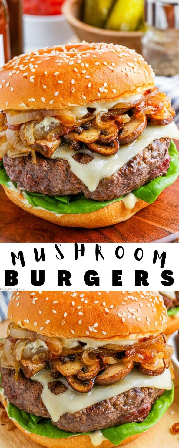 This MUSHROOM SWISS BURGER is next level diner food. A juicy burger topped with sautéed mushrooms, onion and melty Swiss cheese on a soft golden bun.