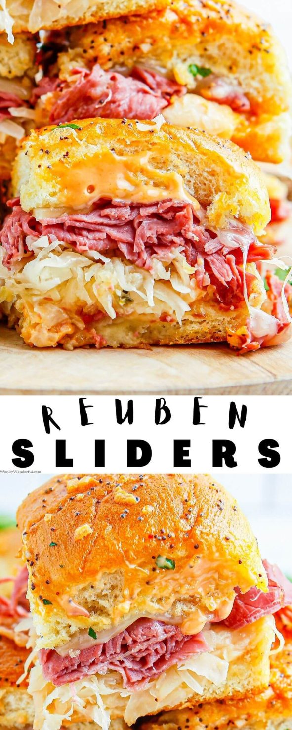 These BAKED REUBEN SLIDERS are a quick, easy and absolutely delicious dinner idea. Thinly sliced corned beef, Swiss cheese, sauerkraut and thousand island dressing tucked inside soft Hawaiian rolls then baked to melty perfection. reuben sliders pinnable image