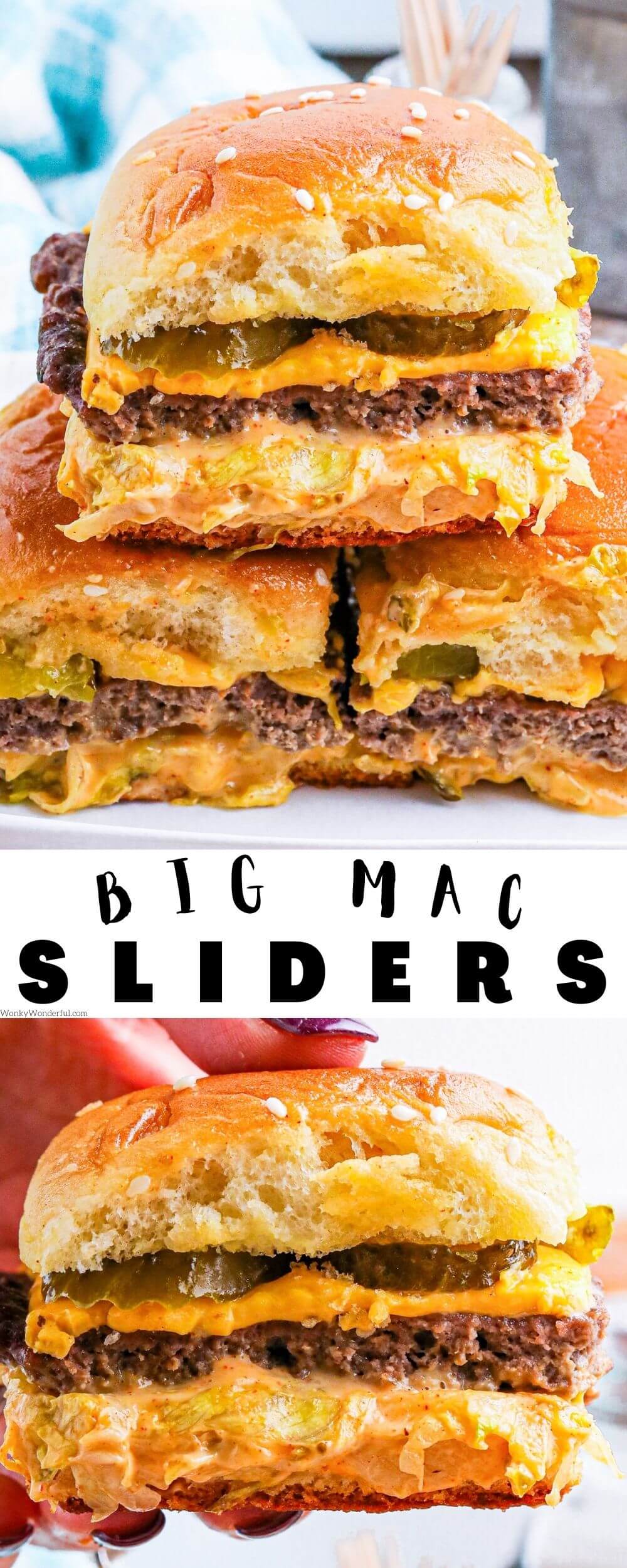 Your favorite fast food burger homemade and mini. These BIG MAC SLIDERS are super easy to make and perfect for parties, game day or weeknight dinners. Big Mac sliders pinnacle image with title text