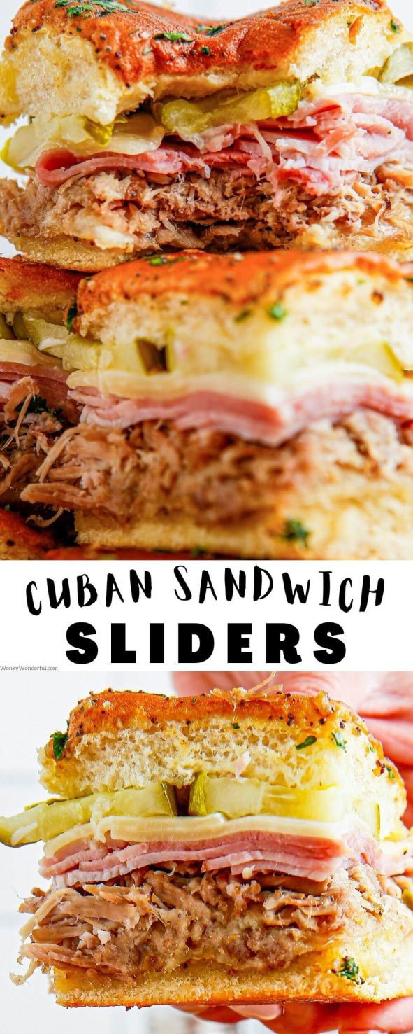 These CUBAN SLIDERS are a mini version inspired by Cuban Sandwiches. Soft rolls filled with sliced ham, pulled pork, Swiss cheese and pickles. cuban sliders pinnable image