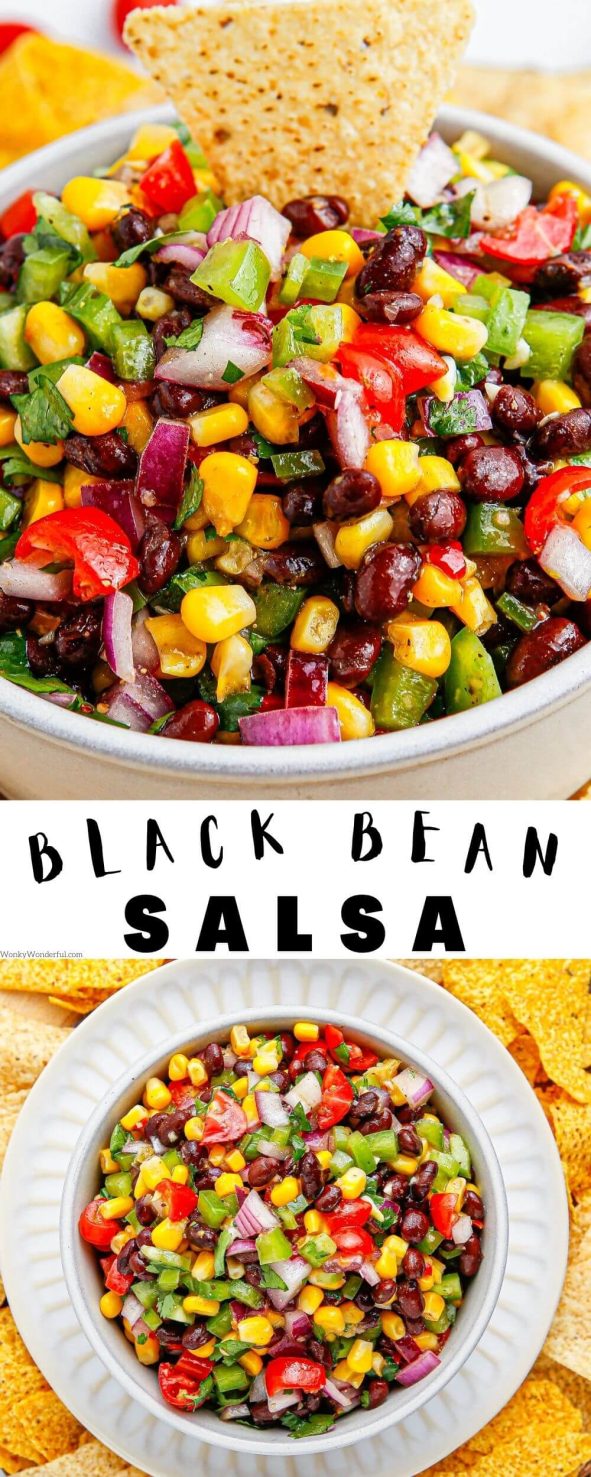 This BLACK BEAN AND CORN SALSA is so fresh and flavorful with beans, corn, peppers, tomatoes and cilantro. black bean and corn salsa pinnable image