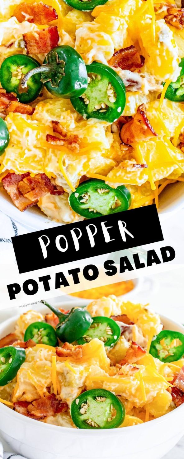 JALAPENO POPPER POTATO SALAD is potato salad with the addition of cheddar cheese, jalapeños and bacon. Perfect for parties, barbecues and potlucks. jalapeno popper potato salad pinnable image