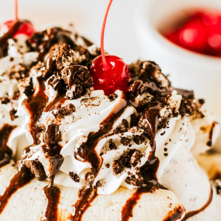 oreos, ice cream and bananas topped with cherries