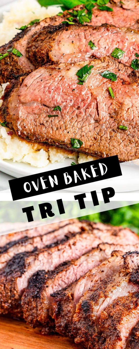 This OVEN BAKED TRI TIP ROAST RECIPE is perfect for rainy days or if you don't have a grill. Tri tip doesn't have to be barbecued - cook it perfectly right in your oven. oven baked tri tip pinnable image
