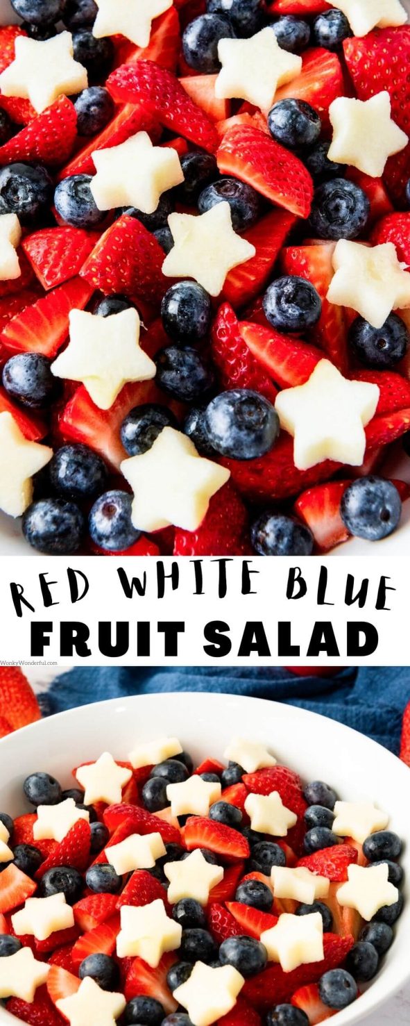 This RED WHITE AND BLUE FRUIT SALAD is a fun and colorful side dish for 4th of July, Memorial Day or for any potluck barbecue. Strawberries, blueberries and star shaped apples. red white and blue fruit salad pinnable image