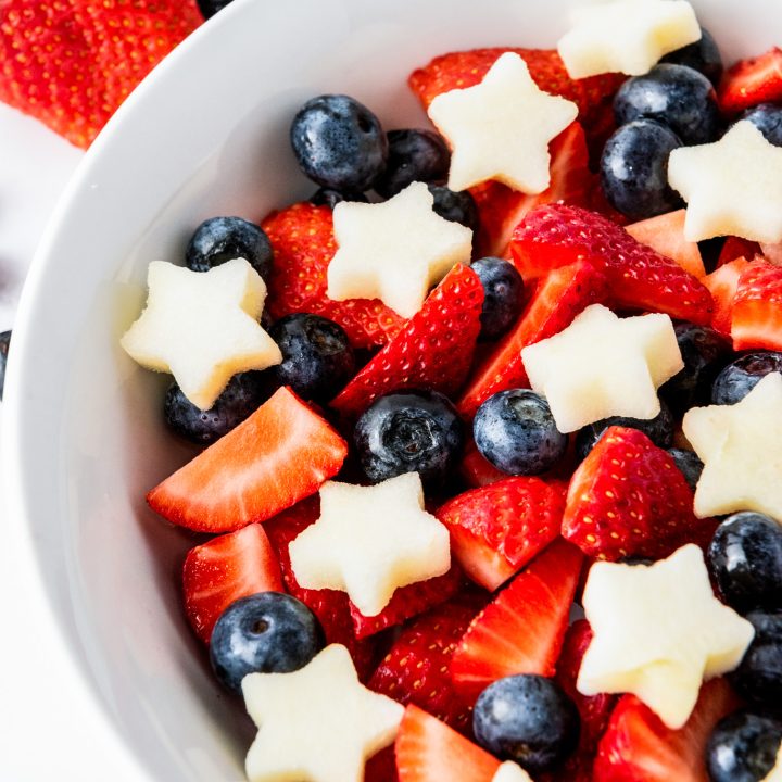 fruit salad in white bowl