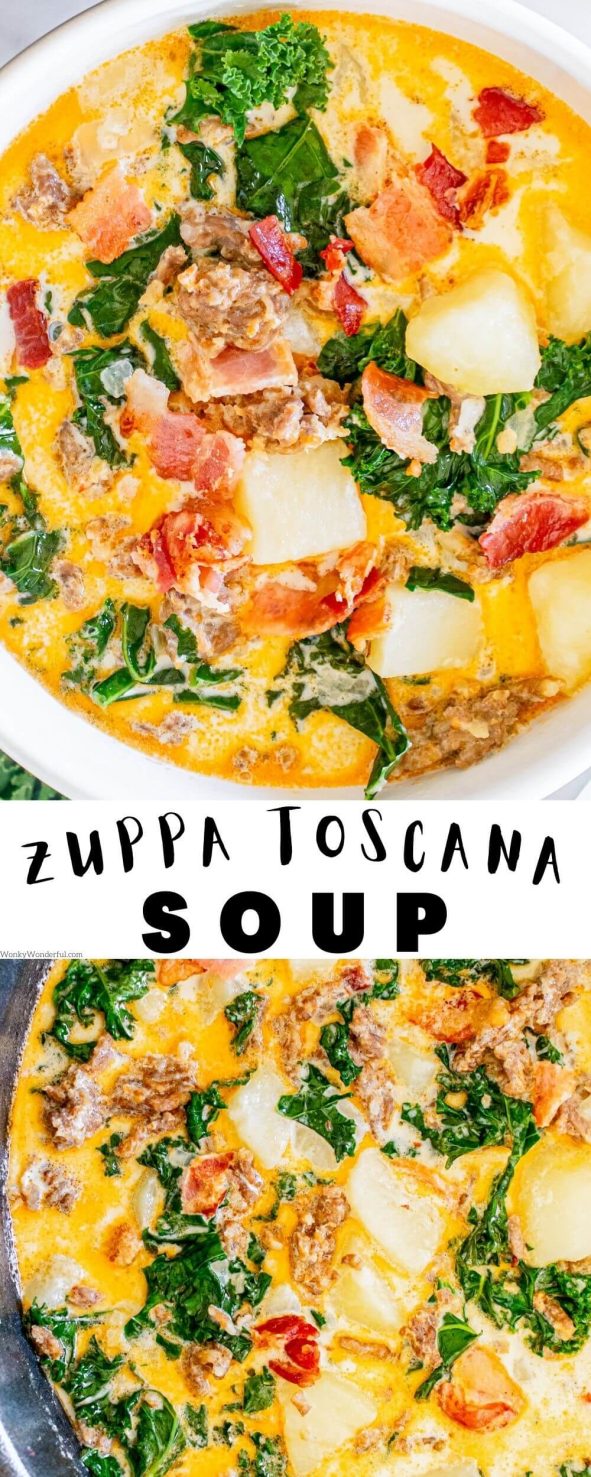 This OLIVE GARDEN ZUPPA TOSCANA SOUP RECIPE is inspired by your favorite restaurant soup. A creamy soup with bacon, sausage, potatoes and kale. zuppa toscano soup recipe pinnable image
