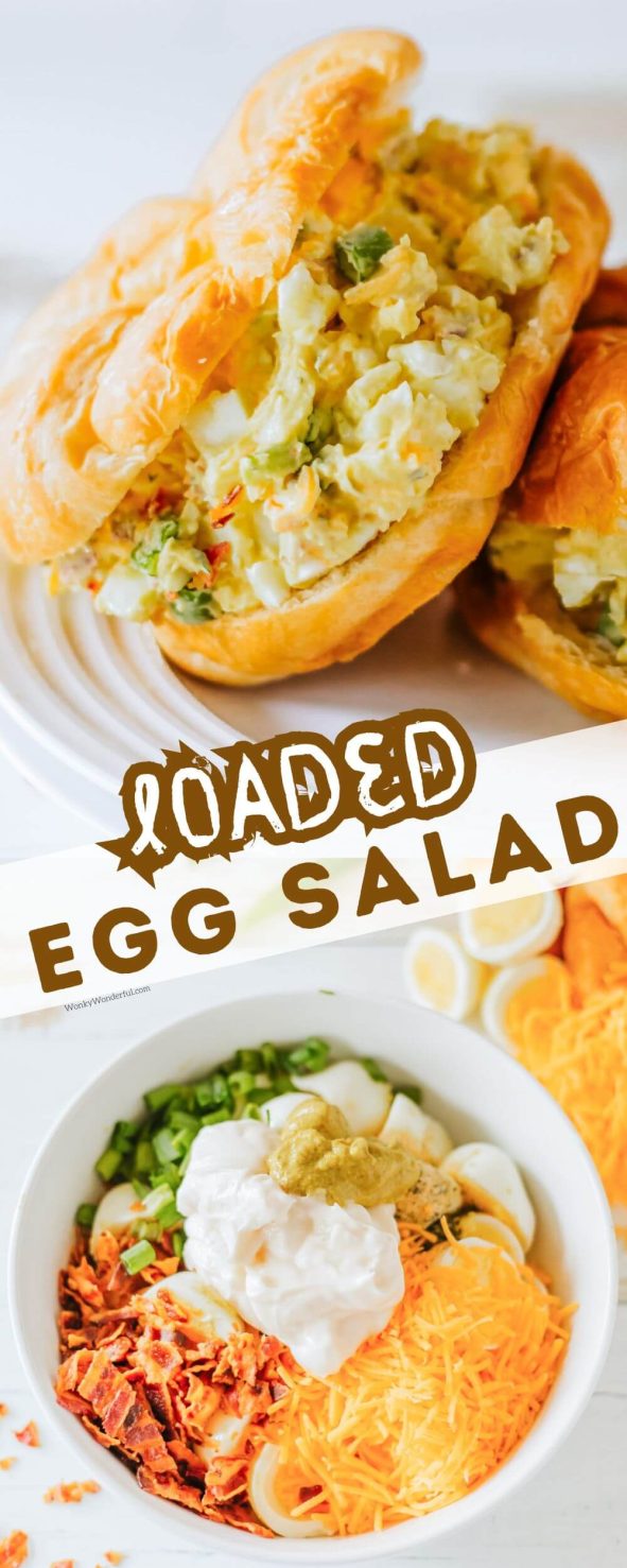 LOADED BACON AND EGG SALAD is an easy flavorful lunch or dinner. Egg salad amped up with bacon, cheddar, parsley and green onion. bacon and egg salad pinnable image