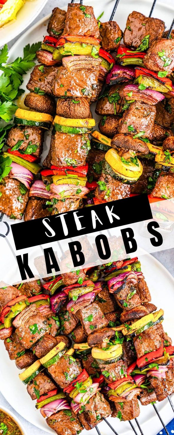 BEEF STEAK KABOBS are a fresh, flavorful and colorful summertime dinner recipe. Steak, bell pepper, zucchini, onions and mushrooms coated in garlic marinade then grilled to perfection. beef steak kabobs pinnable image