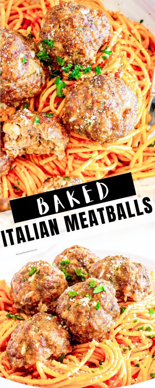 These BAKED ITALIAN MEATBALLS are an easy comfort food dinner. Make a batch of these baked meatballs and serve with your favorite pasta and sauce. baked Italian meatballs pinnable image