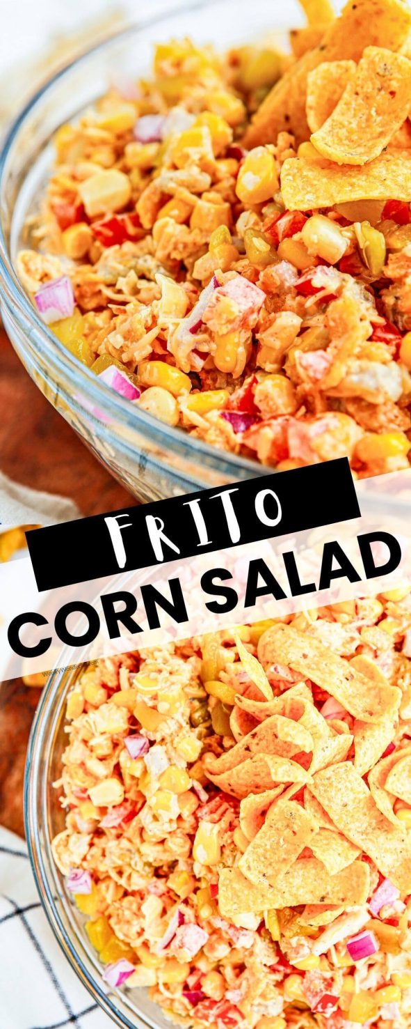 This FRITO CORN SALAD works great as a side dish, topping or dip. Corn, chilis, peppers, onions and cheese mixed in a creamy spiced mayo then topped with crunchy Fritos. frito corn salad pinnable image