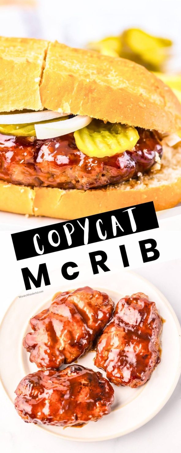 Make this COPYCAT MCRIB RECIPE right at home to cure your craving. A tender pork patty smothered in bbq sauce and served with pickles and onions on a soft bun. mcrib recipe pinnable image