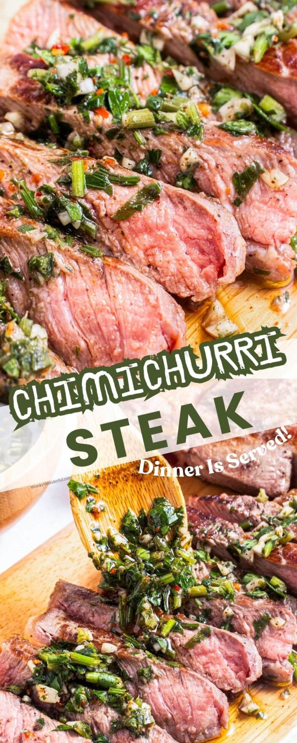 RIBEYE STEAK AND CHIMICHURRI SAUCE are the perfect combo! Perfectly seared steak topped with a super flavorful blend of oil, garlic, parsley, vinegar and red pepper makes for the ultimate steak dinner. steak and chimichurri pinnable image