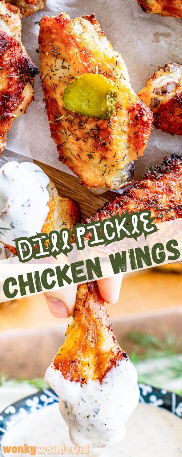 DILL PICKLE CHICKEN WINGS are a super flavorful way to make appetizer wings. Chicken wings soaked in dill pickle juice, tossed in a dry season then roasted to crisp juicy perfection. dill pickle chicken wings pinnable image