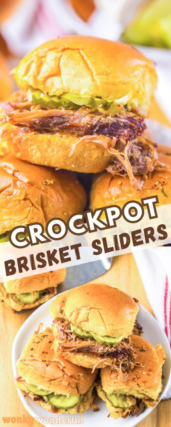 SLOW COOKER BRISKET SLIDERS start with slow cooked beef brisket in bbq sauce and onions. Tender shredded brisket topped with crispy onions, pickles and cheese on soft slider buns. brisket sliders pinnable image