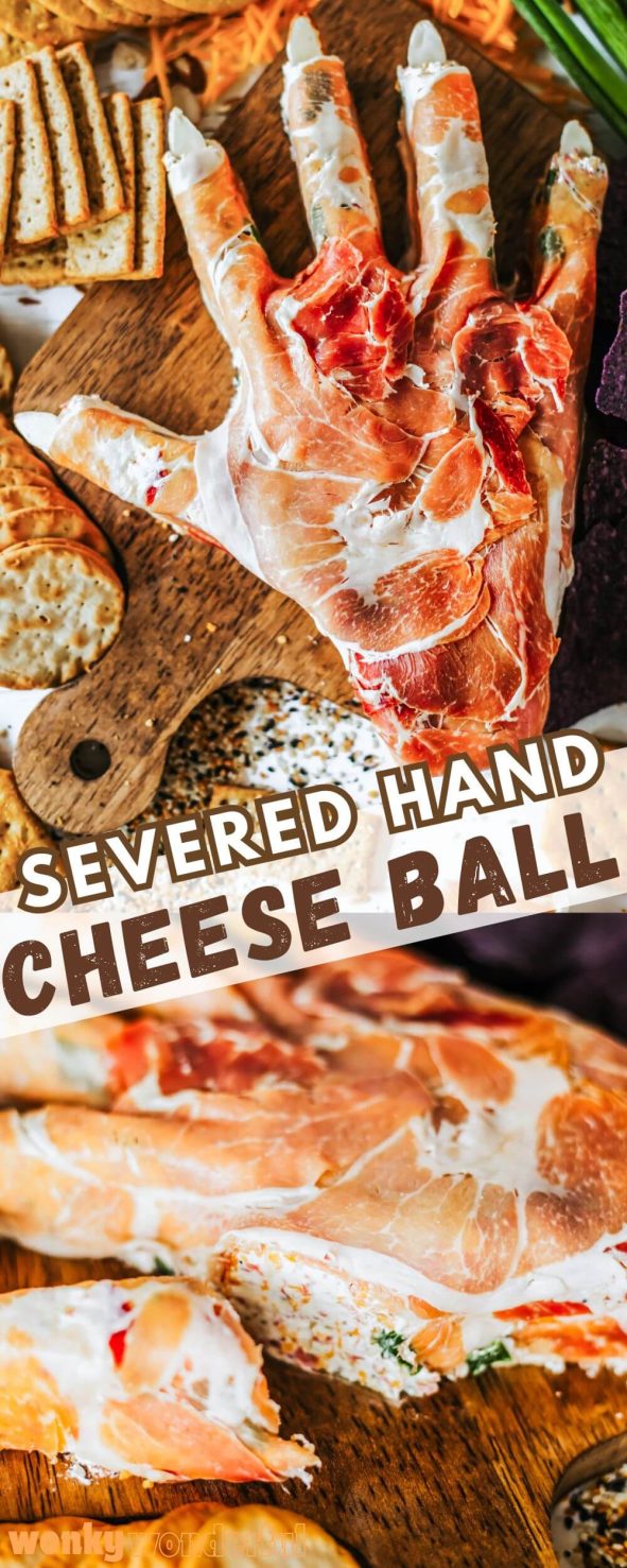 Make this SEVERED HAND HALLOWEEN APPETIZER for a creepy snack. A cheese ball shaped like a hand then covered with prosciutto will have your friends and family scared. severed hand halloween appetizer pinnable image