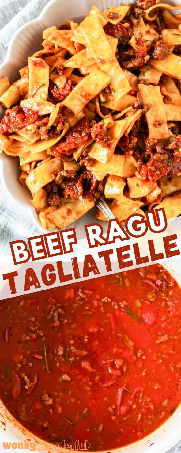 This BEEF RAGU is an easy comforting dinner recipe. Ground beef and pork sausage in a rich tomato sauce served over tagliatelle pasta. beef rags pinnable image