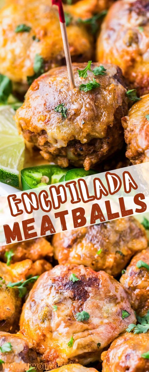 Make ENCHILADA MEATBALLS for a fun twist to a favorite family dinner. Juicy meatballs swimming in enchilada sauce then smothered in melty cheese. enchilada meatballs pinnable image