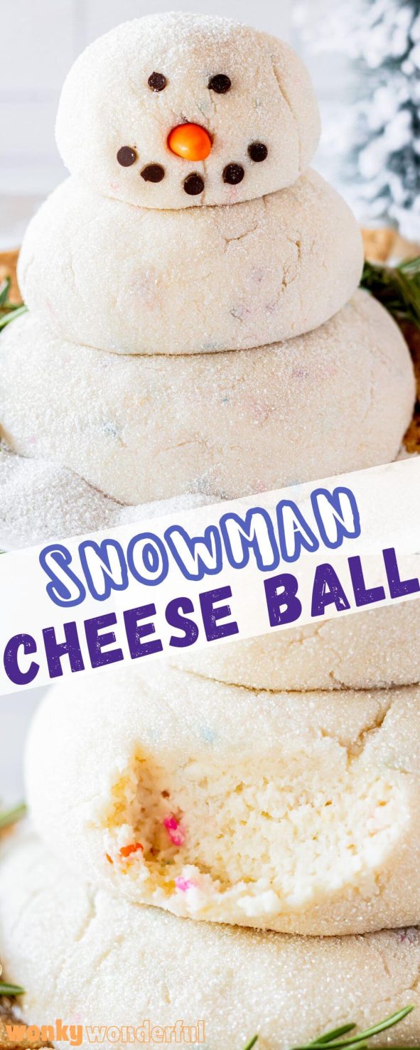 This SNOWMAN CHEESE BALL will be a show-stopping holiday dessert. Three confetti cheese balls arranged to look like a cute snowman. snowman cheese ball pinnable image