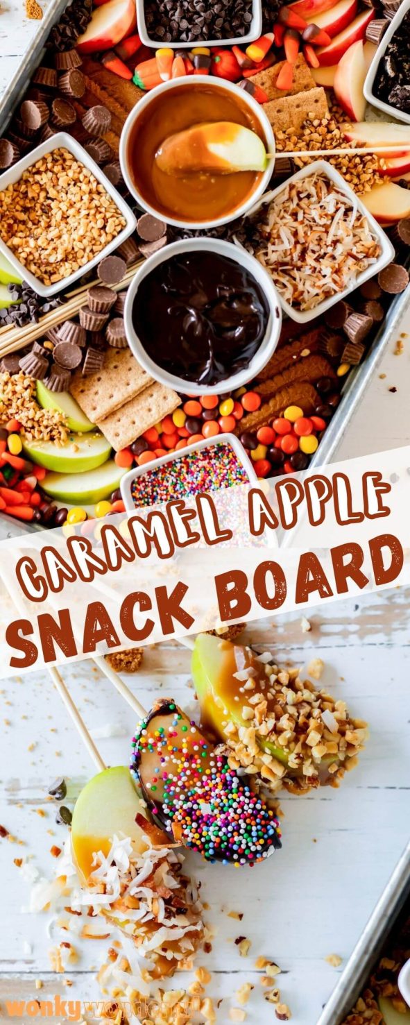 This CARAMEL APPLE CHARCUTERIE BOARD is the quick, easy way to enjoy caramel apples and chocolate apples. Sliced apples with a variety of dips and toppings. caramel apple charcuterie board pinnable image