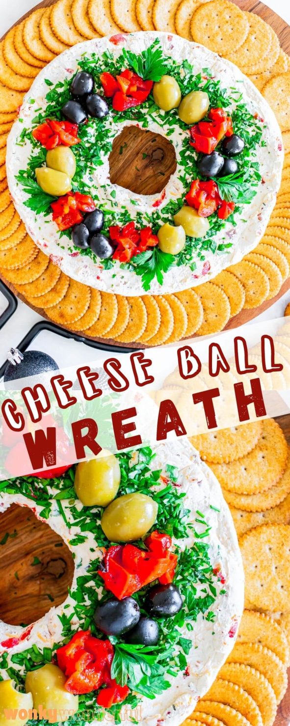 Make this CHEESE BALL WREATH for a festive holiday twist on your favorite appetizer. A cheese ball filling shaped in a bundt pan then decorated like a Christmas wreath. cheese ball wreath pinnable image