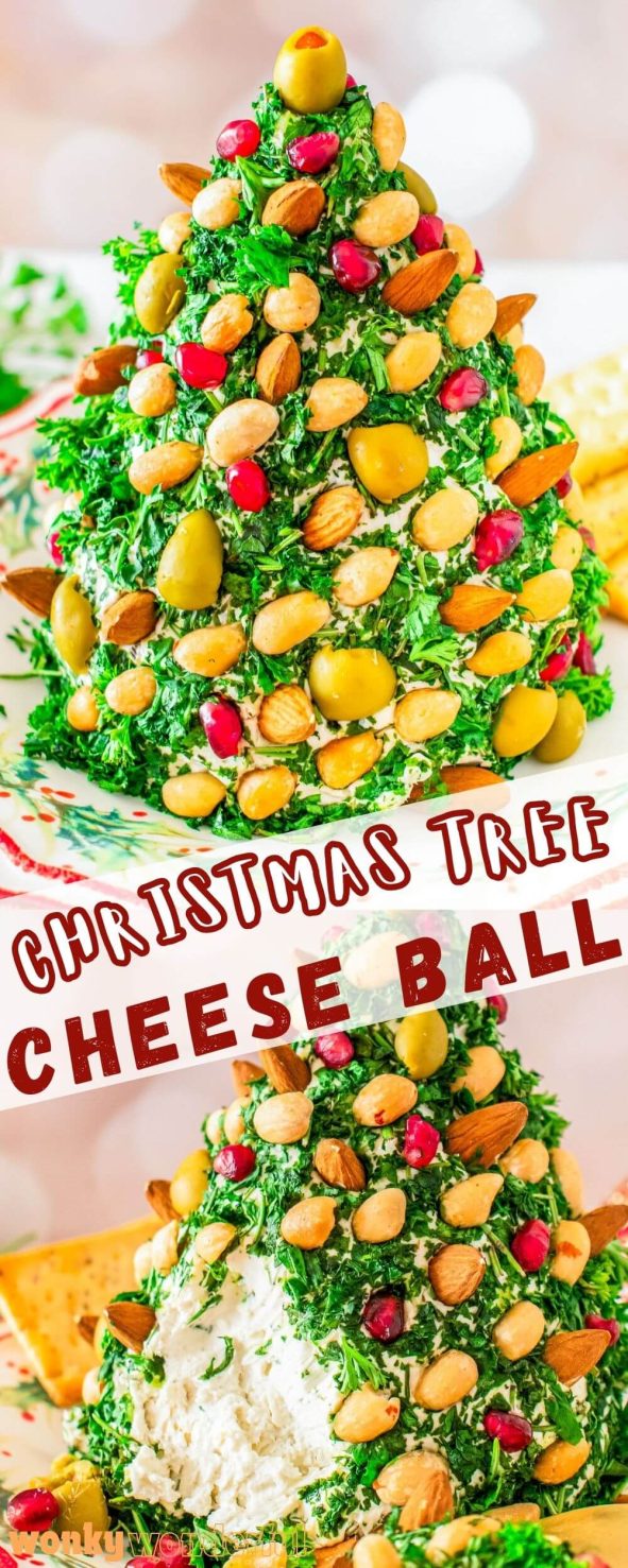This CHRISTMAS TREE CHEESE BALL will be the cutest appetizer on your holiday table. A cheese ball shaped and decorated to look like a Christmas tree. Christmas tree cheese ball pinnable image