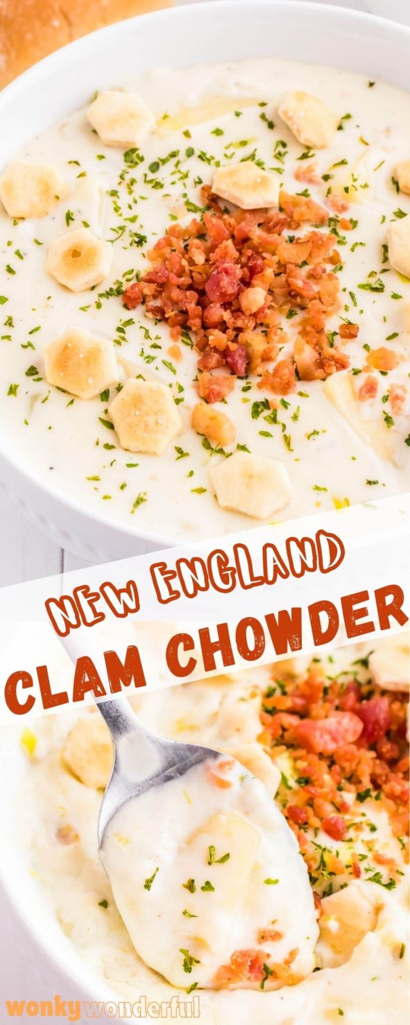 Make a creamy comforting dinner with this NEW ENGLAND CLAM CHOWDER RECIPE. Just like the chowder you get on the wharf. New England clam chowder pinnable image