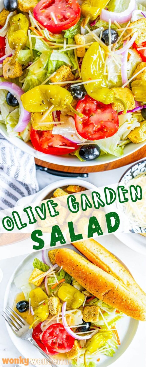 Make this COPYCAT OLIVE GARDEN ITALIAN SALAD to go with just about any dinner. Or serve with breadsticks for a light meal. copycat Olive Garden Italian salad pinnable image