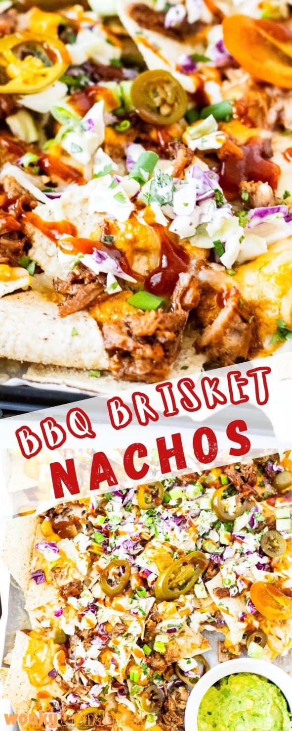 These BBQ BRISKET NACHOS are great for parties, game-day or as an easy dinner. Using leftover brisket, these sheet pan nachos are ready in no time. bbq brisket nachos pinnable image